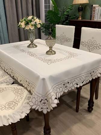 1 件纯色绣花桌布，欧式涤纶方形绣花镂空防尘桌布，适合餐桌、咖啡桌、日常和派对节日