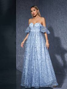 Embroidered Lace A-Line Dress With V-Neckline And Puff Sleeves - Blue - View 5