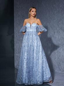 Embroidered Lace A-Line Dress With V-Neckline And Puff Sleeves - Blue - View 3