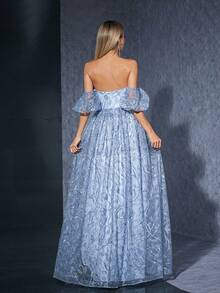 Embroidered Lace A-Line Dress With V-Neckline And Puff Sleeves - Blue - View 2