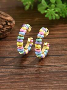 2pcs Fashionable & Elegant Colorful Chocolate Resin DIY Handwoven C-Shape Earrings, Suitable For Women To Wear At Parties & Dinners To Match Beautiful Clothes. Made Of Mixed Resin & Shell Fragments, Varied In Size & Color. Randomly Colored Shell Pieces, New Added Wine Red Beads On C-Shape. Multi-Color & Patterned Resin, Each Piece Unique In Floral Design. - C-shaped Colorful Dopamine Earrings - View 2