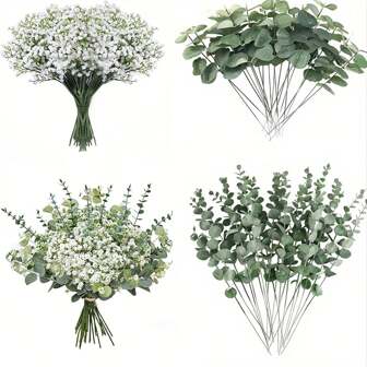 15/30/60 Pcs 3 Kinds Babys Breath Mixed Eucalyptus Leaves Artificial Flowers For Wedding Vase Bouquet Floral Arrangement Decor Gifts Birthday Graduation