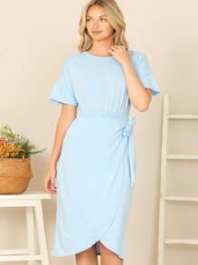 Blue Round Neck Short Sleeve Waist Tie Wrap Hem Solid Dress - Blue - View 1