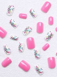 24Pcs Deluxe & Elegant Square Press-On False Nails With Multi-Color Floral, Leaf, And Grid Designs, For Daily Wear, With Jelly Glue And Nail File Included Nail Supplies Nails - Pink - View 4