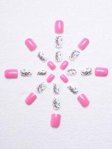 24Pcs Deluxe & Elegant Square Press-On False Nails With Multi-Color Floral, Leaf, And Grid Designs, For Daily Wear, With Jelly Glue And Nail File Included Nail Supplies Nails - Pink - View 2
