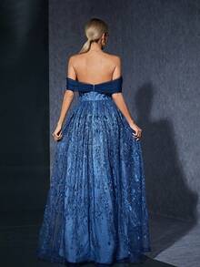 Off Shoulder Embroidered Mesh Lace A-Line Dress - Blue - View 2