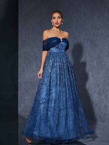 Off Shoulder Embroidered Mesh Lace A-Line Dress - Blue - View 3