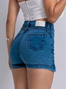 Women Denim Shorts - 中等水洗藍 - 查看 5