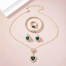 5pcs/Set Luxury Design Diamond-Inlaid Heart Shaped Necklace, Earrings, Bracelet And Ring Set, Fashionable & Personalized Street Snap Women's Jewelry Set Suitable For Commuting, Traveling, Parties, Daily Wear