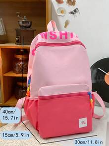 1Pc Học Sinh Trung Học Cơ Sở/Trung Học Ba Lô Màu Khối Có Dây Kéo, Bốn Mùa Sử Dụng Hàng Ngày, Túi Sách Nữ Thời Trang - Hồng - Xem 2