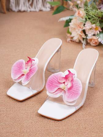 Vrouwen Transparante Vlinder Orchidee Bloemen Glas Hoge Hak Mode Sandalen
