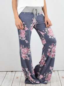 Boho Retro 90's Style Stripe Floral Drawstring Fold Over Band Wide Leg Lounge Pants - Dusty Blue - View 1