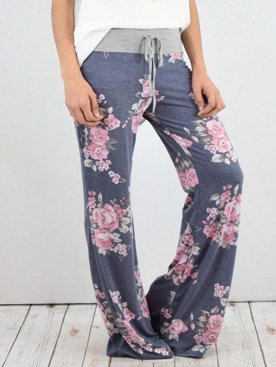 Boho Retro 90's Style Stripe Floral Drawstring Fold Over Band Wide Leg Lounge Pants - Dusty Blue - View 1
