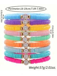 6pcs Boho Macaron Color Charm Bracelet Set - Chic Stackable SoftPottery With Artisan Drip & Happy Faces - Perfect Ladies Accessory ForBeach Vacations - Multicolor - View 5