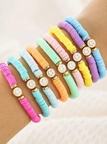 6pcs Boho Macaron Color Charm Bracelet Set - Chic Stackable SoftPottery With Artisan Drip & Happy Faces - Perfect Ladies Accessory ForBeach Vacations - Multicolor - View 6