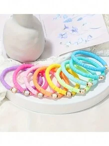 6pcs Boho Macaron Color Charm Bracelet Set - Chic Stackable SoftPottery With Artisan Drip & Happy Faces - Perfect Ladies Accessory ForBeach Vacations - Multicolor - View 3