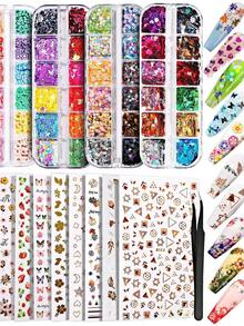 跨境美甲裝飾套裝，具自黏背膠的3D貼紙，軟陶蝴蝶、心型、星型、閃粉和花卉組合 - 彩色 - 查看 1