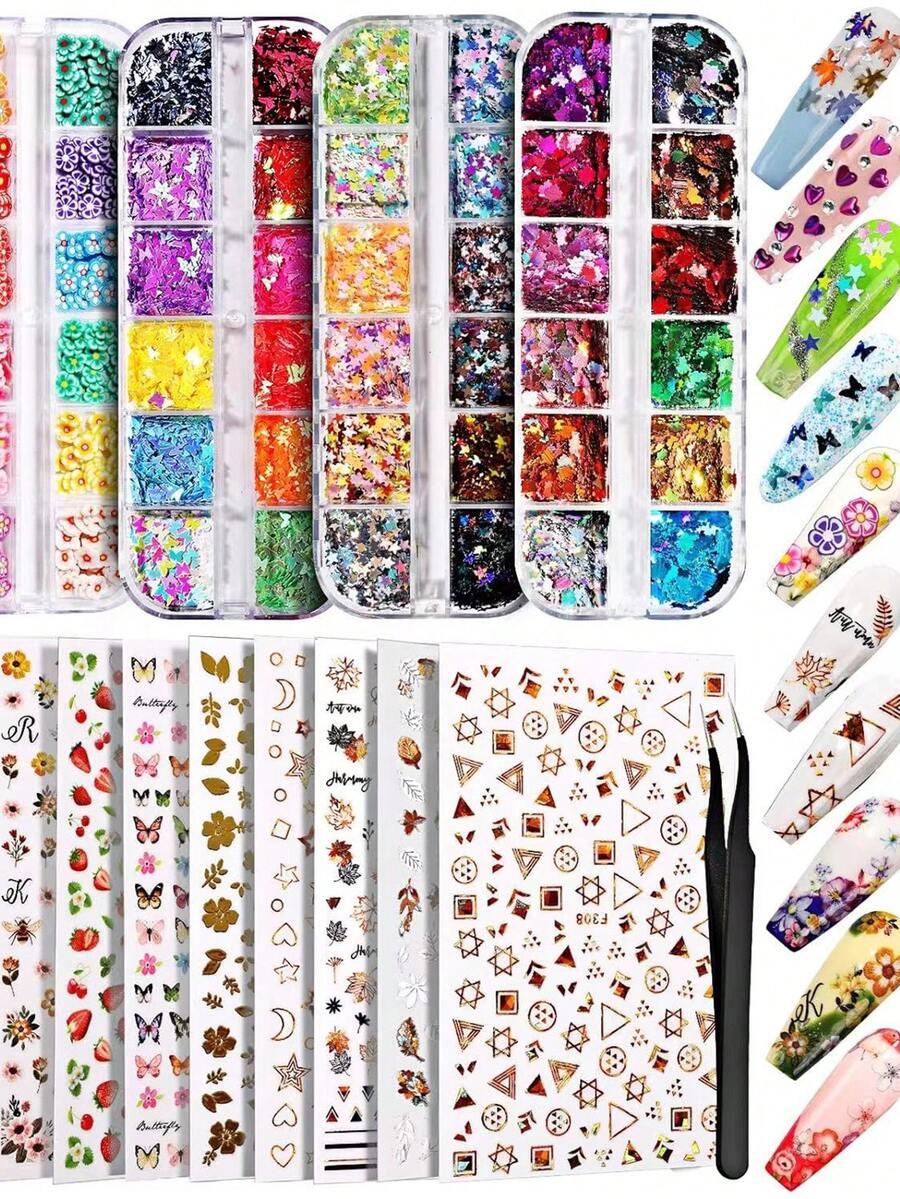 跨境美甲裝飾套裝，具自黏背膠的3D貼紙，軟陶蝴蝶、心型、星型、閃粉和花卉組合 - 彩色 - 查看 1