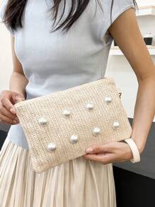 New Pearl Decor Storage Handbag For Women, Woven Straw Envelope Clutch - Beige - View 1