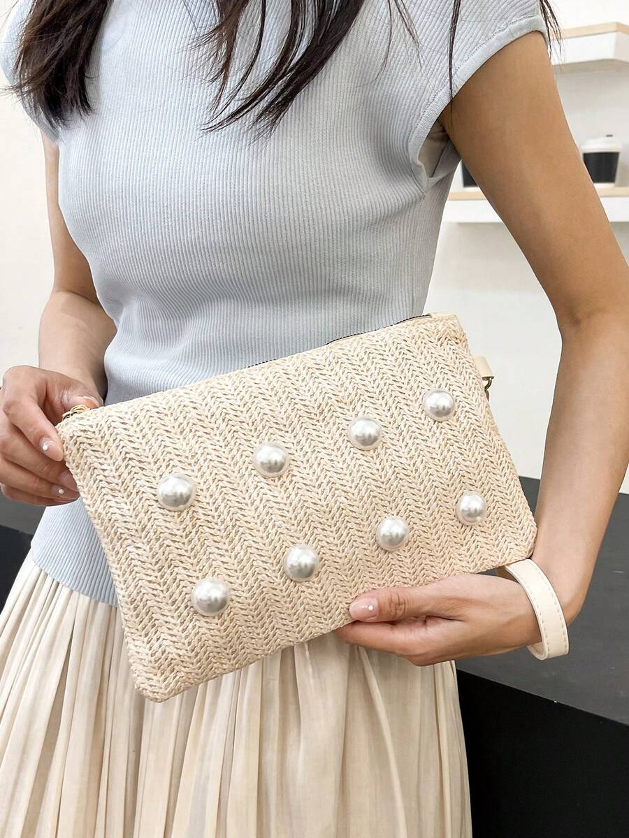 New Pearl Decor Storage Handbag For Women, Woven Straw Envelope Clutch - Beige - View 1