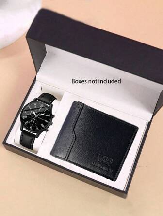 1 pieza Reloj de cuarzo para niños con correa de PU con esfera de visualización de doble hora + 1 pieza Billetera de moda como regalo para el Día del Padre