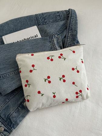Strawberry & Cherry Corduroy Canvas Women Clutch Bag/Cosmetic Bag, Cute Kawaii Phone/Change Pouch, Inner Layer Organizer, Pencil Case For High School/College Students, Kawaii Cherry Elements, Perfectly Matching With Prom Accessories