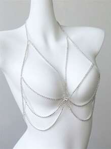 新款時尚性感夜店水晶胸鏈，女士派對身體鏈 - 銀色 - 查看 2