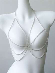 新款時尚性感夜店水晶胸鏈，女士派對身體鏈 - 銀色 - 查看 1