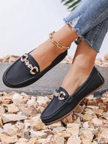 Zapatos de trabajo planos de tacón bajo estilo Slip-On para mujer de nueva moda 2024, mocasines cómodos para uso casual - Negro - Ver 2
