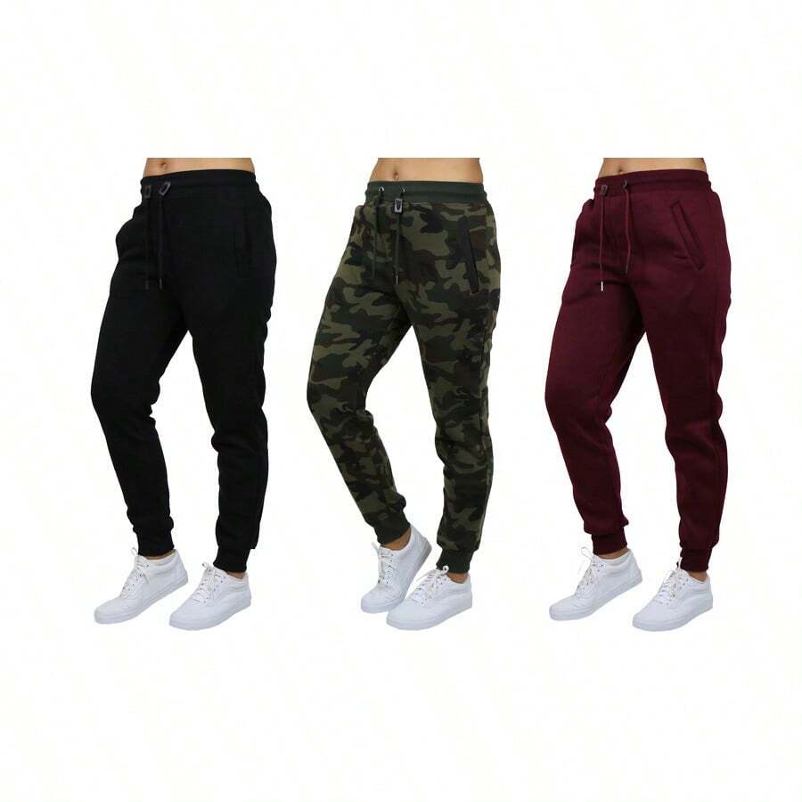 3-Pack Women's Loose Fit Fleece-Lined Classic Jogger Sweatpants - Đen - Đỏ tía - Rừng cây - Xem 1