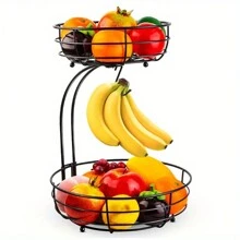 1pc Dual Layer Removable Iron Wire Fruit Basket With Banana Hook - Detachable & Drainable Design, Suitable For Kitchen, Living Room - Black - View 8