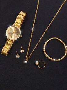 Girl's Stainless Steel Strap Fashionable Quartz Watch With Simple Dial + Jewelry Set (6pcs) - Gold - View 3
