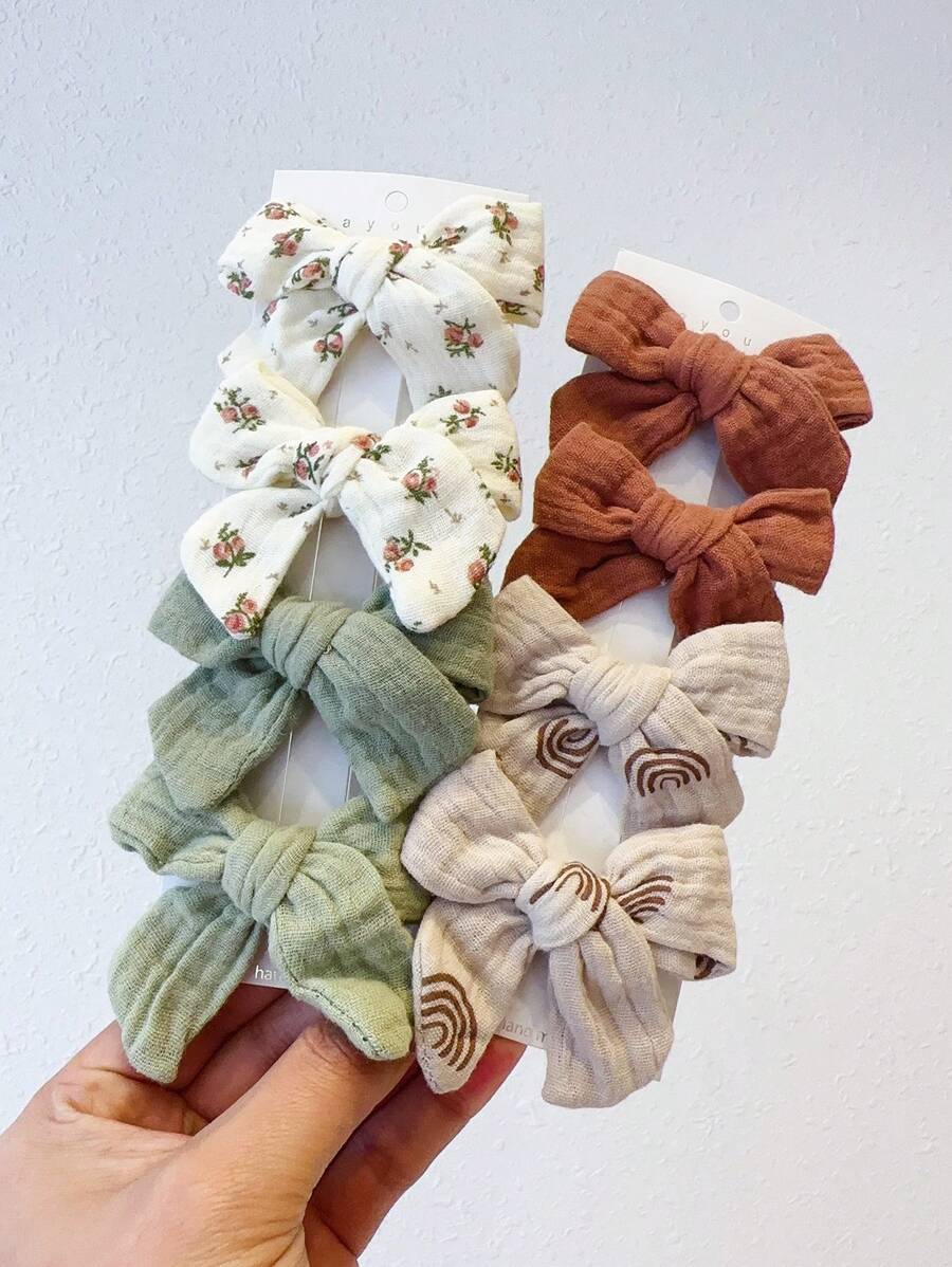 4个装青少年布艺花朵蝴蝶结发夹，侧边发夹，马尾辫发圈，日常发饰