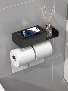 1pc Bathroom Toilet Paper Holder With Shelf, Mobile Phone Storage Rack, Wall-Mounted Tissue Dispenser, Modern Design, Suitable For Home Or Hotel Use, Bathroom Accessory