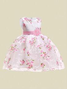 女童无袖圆领印花网纱连衣裙，优雅，不含头饰