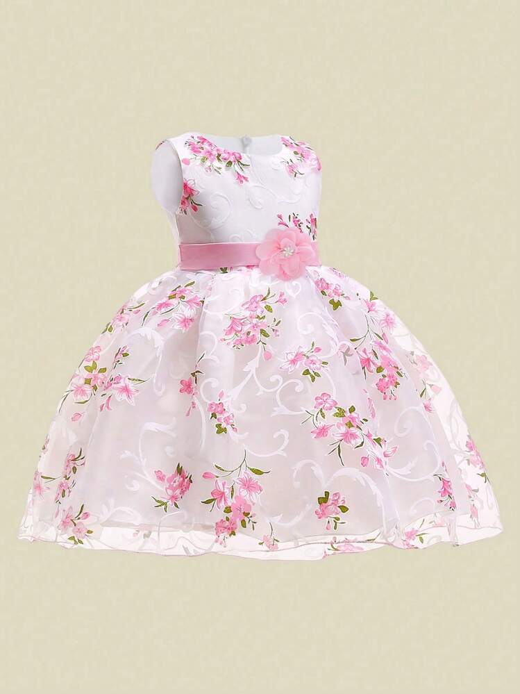 Vestido sin mangas con cuello redondo y estampado floral de malla de tul para niñas, elegante, sin diadema - Rosa - Añade 3