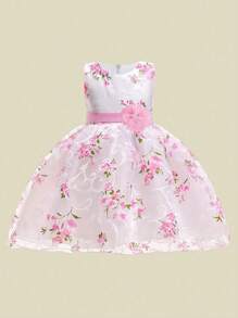 女童无袖圆领印花网纱连衣裙，优雅，不含头饰