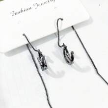 1 pieza Pendientes de borlas geométricos simples y elegantes con diseño de cruz incrustada con piedras brillantes y diseño de hilo para la oreja, estilo largo para mujer, lujosos y a la moda - Negro - Ver 1