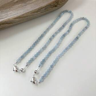 1 pieza Collar magnético de cuentas de piedra natural hecho a mano, cadena de clavícula con piedra preciosa azul en forma de corazón, mismo estilo que el visto en, adecuado para uso diario de mujeres en verano y San Valentín