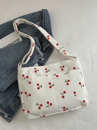 1pc Strawberry & Cherry Printed Corduroy Women's Crossbody Bag, Adjustable Shoulder Strap Square Tote Bag With Multiple Pockets, Zipper Closure, Ideal For Students And Travelers, Cute Floral Canvas Bag, Shopping Bag Or Diaper Bag For Moms, Kawaii Cherry Elements