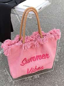 Túi tote vải canvas cỡ lớn thời trang, họa tiết chữ cái và tua rua, đơn giản và hoàn hảo cho mua sắm và đi làm, đựng đồ dùng học tập, cặp sách, túi xách đi học, chuẩn bị năm học mới, dung tích lớn, phù hợp cho nữ sinh, phụ nữ, sinh viên đại học, giáo viên, hoàn hảo cho năm học mới, đại học, hoạt động ngoài trời, du lịch, dã ngoại, kỳ nghỉ, bãi biển, món quà Ngày Nhà giáo tuyệt vời nhất, món quà tri ân giáo viên tuyệt vời nhất, màu hồng. - Hồng - Xem 7