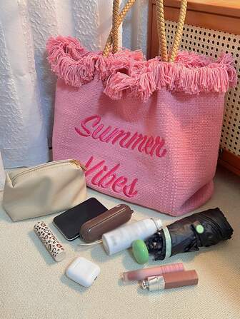 Fashionable Large Capacity Letter & Tassel Canvas Tote Bag, Simple And Perfect For Shopping And Commuting, School Supplies,School Bag,School Tote Bag,Back To School,Large Capacity, Suitable For Teen Girls Women College Students,Teacher, Perfect For Back To School,College,Outdoors, Travel, Outings,Holiday,Beach, Best Teachers Day Gift Forever, Best Teacher Appreciation Gift