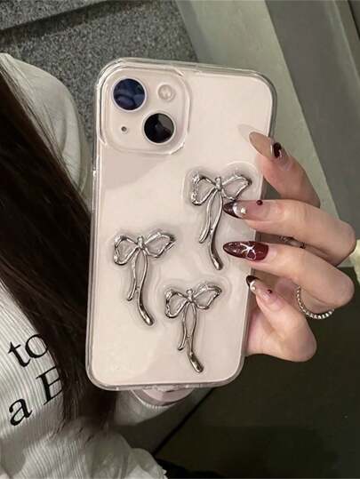 Light Luxury Metal Bow & Shining Little Star Transparent Glue Mobile Phone Case Compatible With IPhone 17/17Plus/17Pro/17ProMax/16/15/14/13/12/11/X/XS/XR/Mini/Pro Max/Pro/Plus TPU Soft Case
