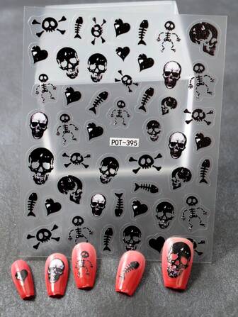 1 Set Embossed Skull Cartoon Nail Art Stickers, Cute Skeleton Design Nail Stickers, DIY Or Nail Salon, Adhesive Nail Art Stickers