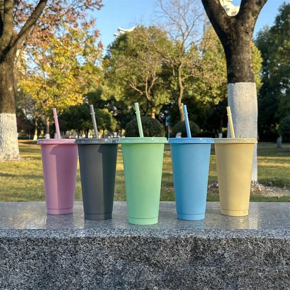 5pcs, CHEER Inscribed 24oz Plastic Tumblers With Straws And Lids, Reusable Travel Cups, Bulk