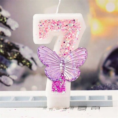 Pink-Purple Two-Tone Big Butterfly Shaped Glittering Number Birthday Candle Cake Decoration For 1st Year Celebrations, Creative Handmade DIY Birthday Candle Atmosphere Lighting, Back To School Valentine Day