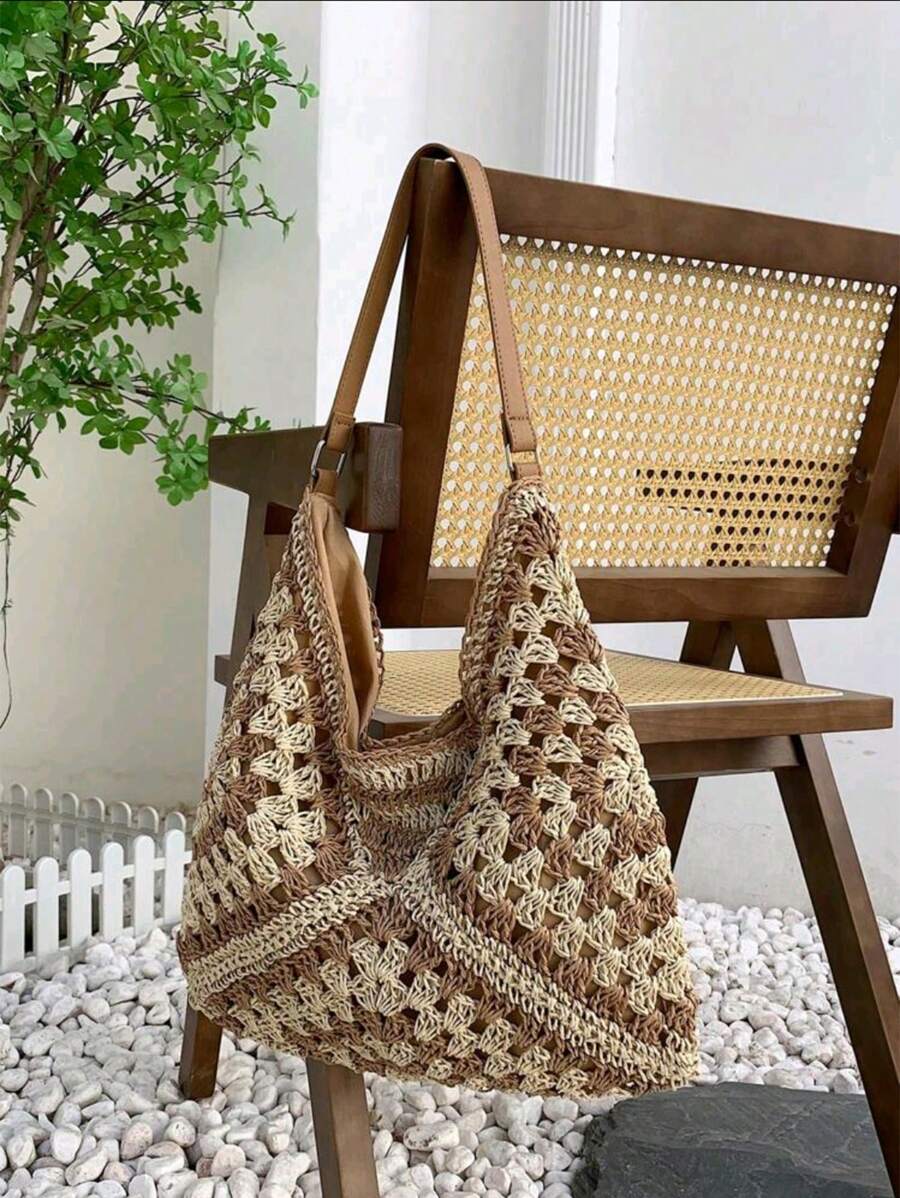 New Fashion Color-Block Woven Shoulder Bag, Handbag For This Season - Khaki - View 1