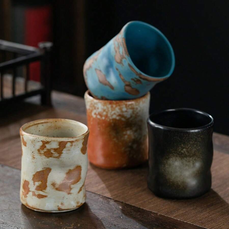 1pc Handmade Rough Pottery Pleated Cup, Asymmetrical Folded Paper Cup Style, Vintage Ceramic Tea Cup For Hosts And Coffee - Multicolor - View 1