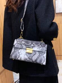 Fashionable, High-End Quality, Luxury, Niche Design Snake Skin Print, Multifunctional Handbag With Detachable Shoulder Strap And Underarm Lock (Snake Skin Pattern Random) - Black and White - View 5
