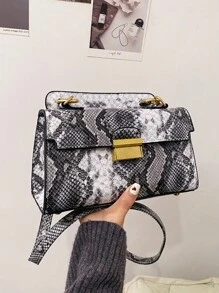 Fashionable, High-End Quality, Luxury, Niche Design Snake Skin Print, Multifunctional Handbag With Detachable Shoulder Strap And Underarm Lock (Snake Skin Pattern Random) - Black and White - View 3